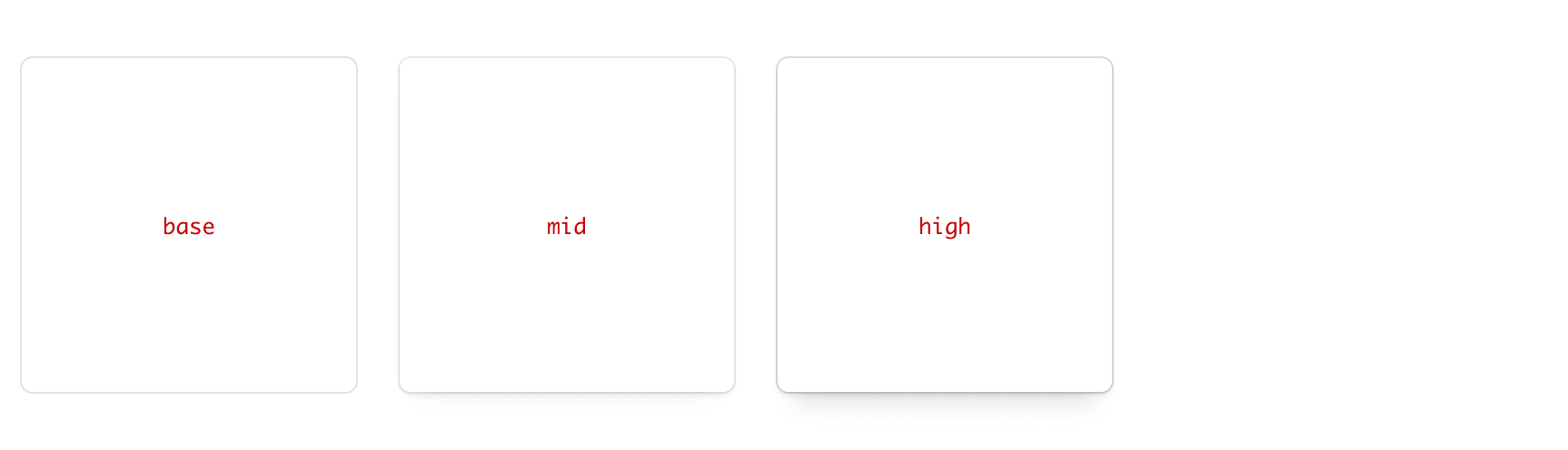 example of card styles for various levels, including: base, mid, and high